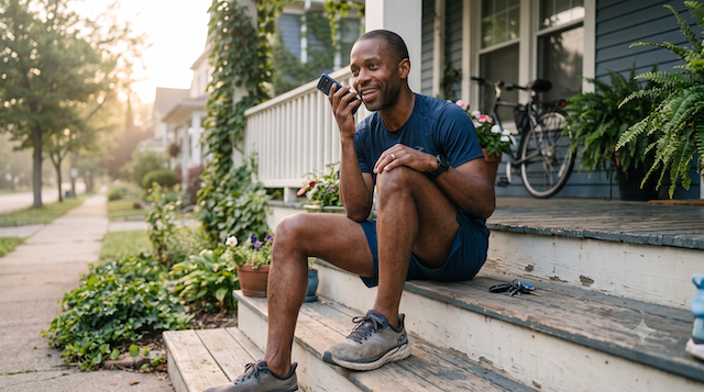 A runner lacing up shoes with phone in hand, on a call