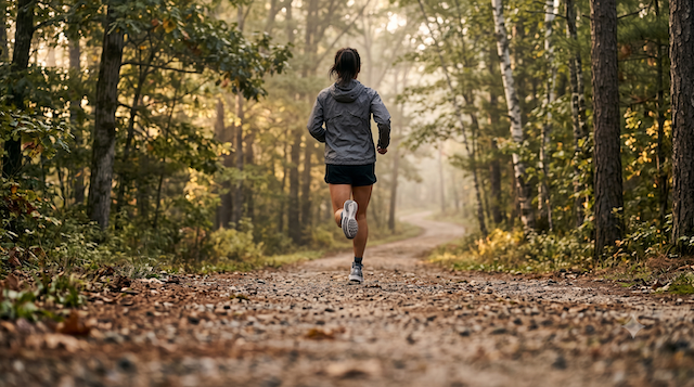 A woman trail running on an open road in morning light
