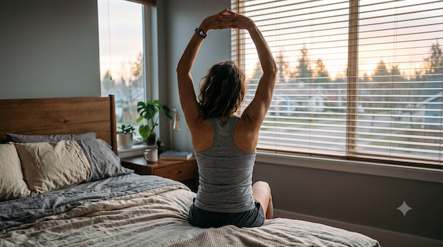 A woman waking at dawn, first light through the window